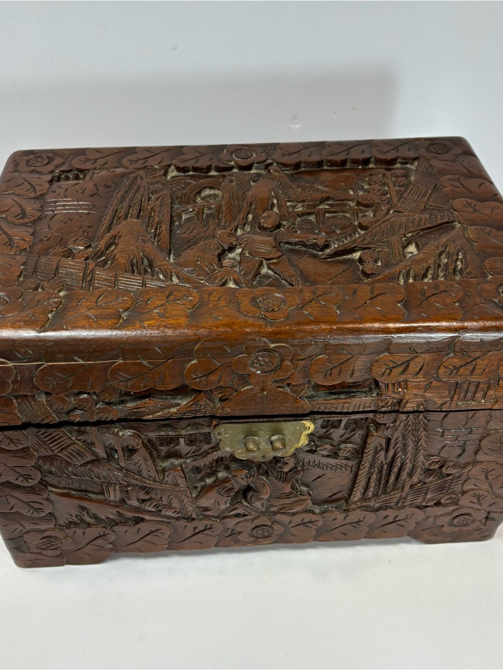 Antique Asian Chinese Hand Carved Wood Chest Jewelry/Herb Box 12”x 8” Vintage